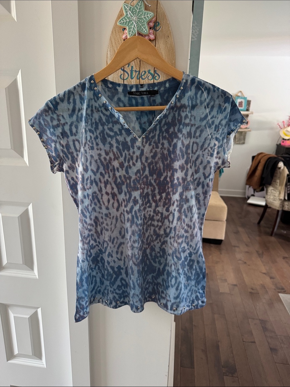 Marc Aurel Blue Leopard-Print V-Neck Cap Sleeve Top with Stud Detail